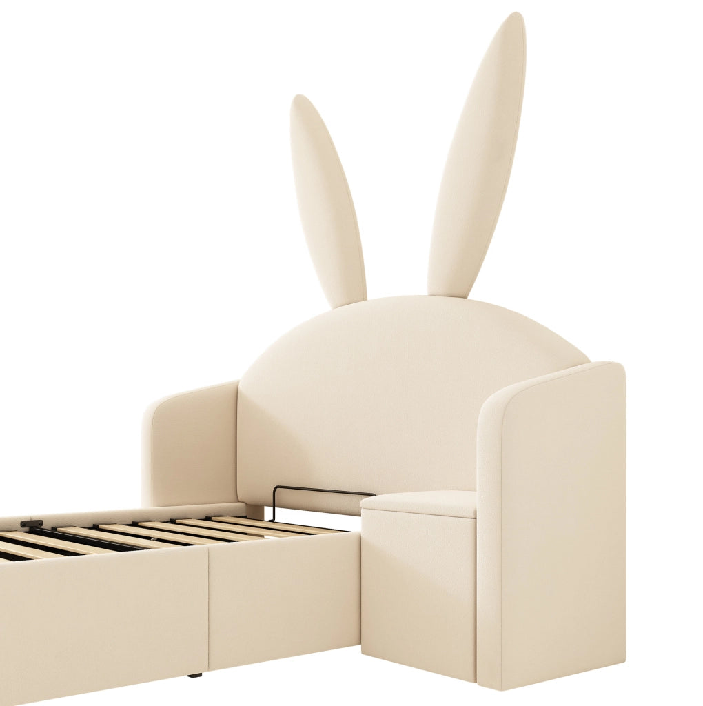 Letto junior 90x200 cm in velluto beige con contenitore; comodino integrato e design con orecchie