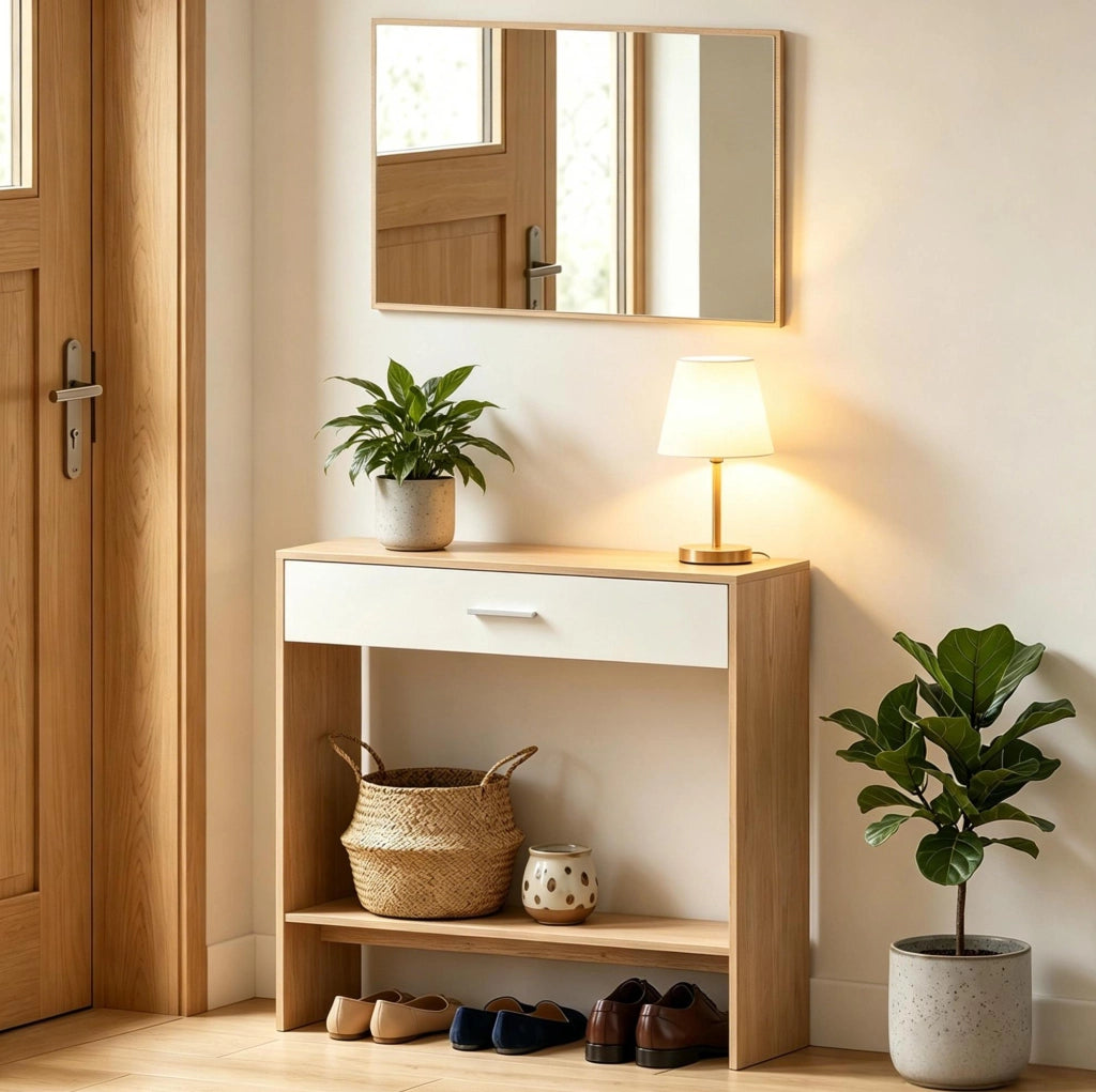 Mobile ingresso con specchio, cassetto e ripiano rovere bianco