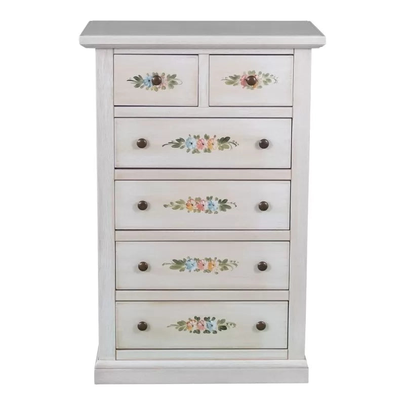 Cassettiera 6 cassetti in legno shabby bianco anticato decorato 62x37x93 - Mobili 2G