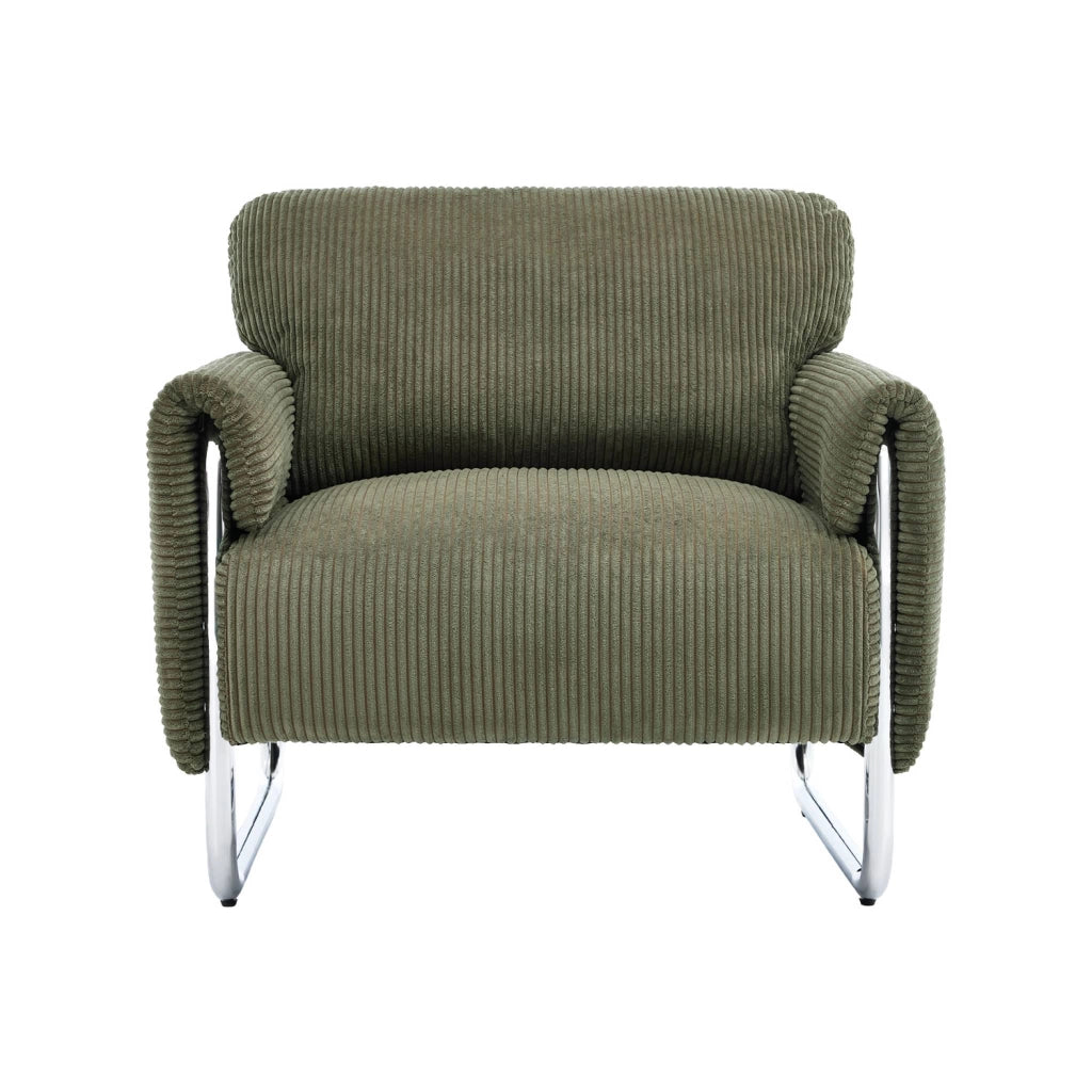 Poltrona vintage in velluto a coste con struttura cromata, verde kaki
