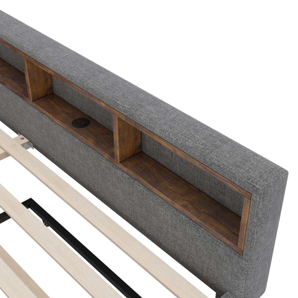 Letto 140x200 cm estraibile con LED; vano portaoggetti e USB in lino grigio