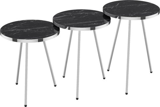 Tavolo da Giardino a Tavolino Rond - Set di 3 - Marmo Nero e Argento - Laminato di Legno e Metallo - Design Stilistico