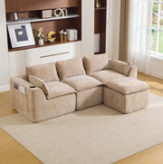 Divano modulare 3 posti con pouf 256x161x75 cm in ciniglia khaki con tasche laterali