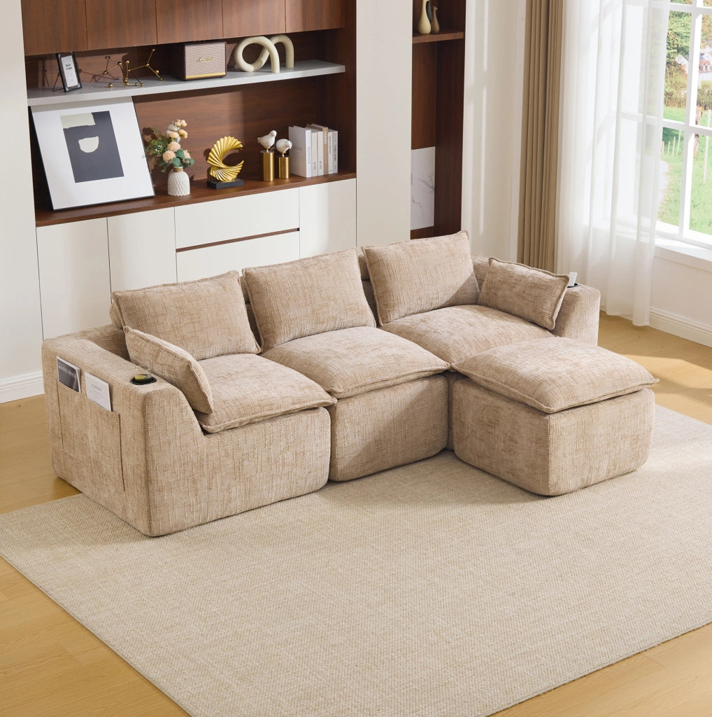 Divano modulare 3 posti con pouf 256x161x75 cm in ciniglia khaki con tasche laterali