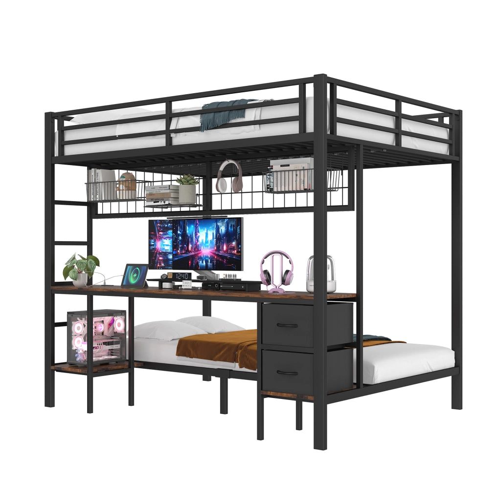 Letto a soppalco 140x200 cm in metallo e MDF nero con scrivania; cassetti; ripiani e LED