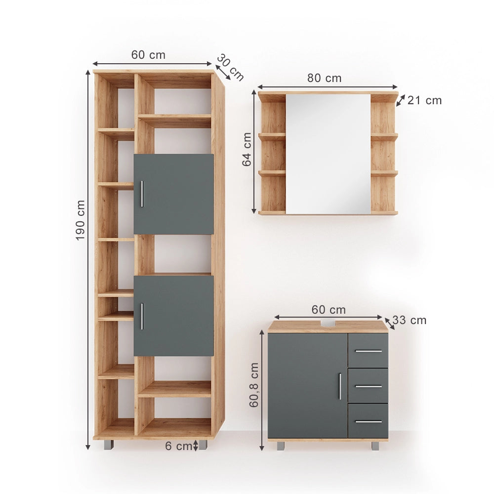 Vicco Set mobili bagno Rovere 3 parti, con colonna