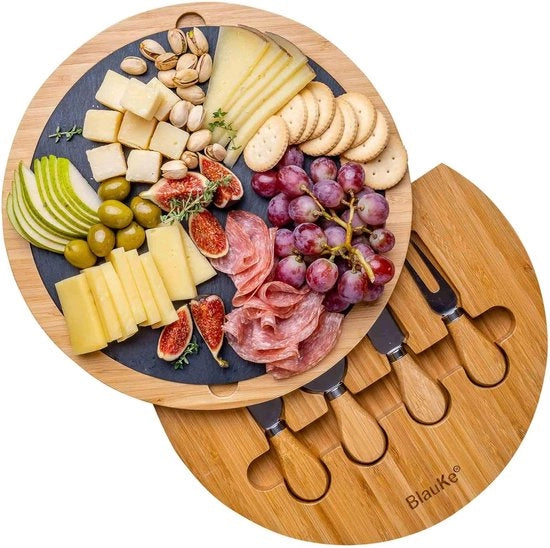 Tavolo di legno per formaggi con set di coltello e piatto di marmo - Tavolo di servizio in legno per formaggi e antipasti - Tavolo di formaggio rotante in legno da 30 cm - Tavolo di servizio rotondo in legno - Tavolo di formaggio per charcuterie