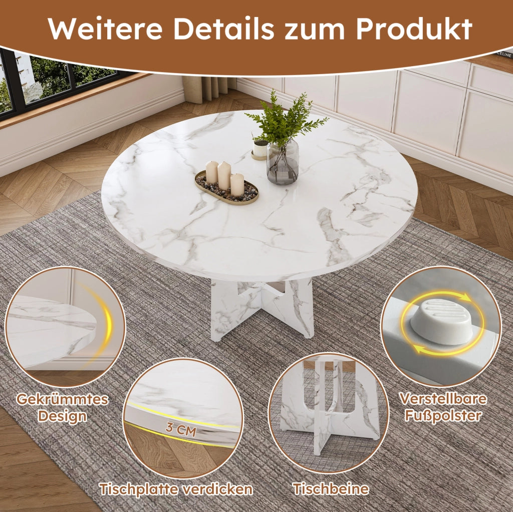 Tavolo da pranzo rotondo ? 120 x H 76 cm in MDF effetto marmo bianco