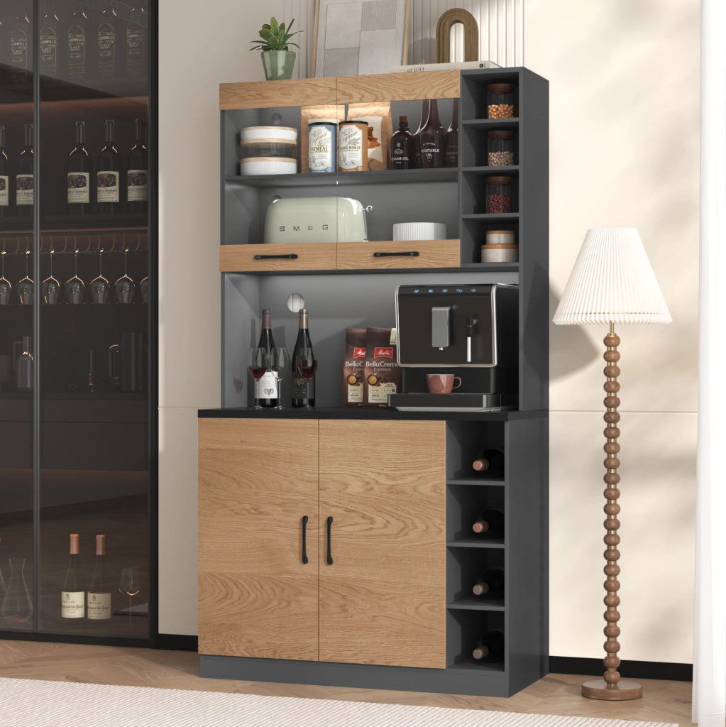 Credenza cucina 100x47x187 cm con LED e ripiani regolabili in MDF e vetro naturale e grigio