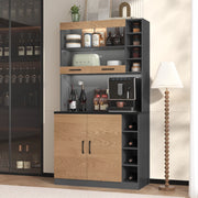 Credenza cucina 100x47x187 cm con LED e ripiani regolabili in MDF e vetro naturale e grigio
