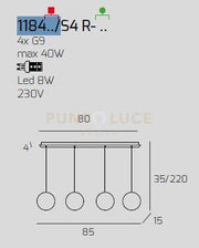 SOSPENSIONE CROMO 4 LUCI RETTANGOLARE VETRI 2X BR + 2X AM 1184CR-S4 R-AB