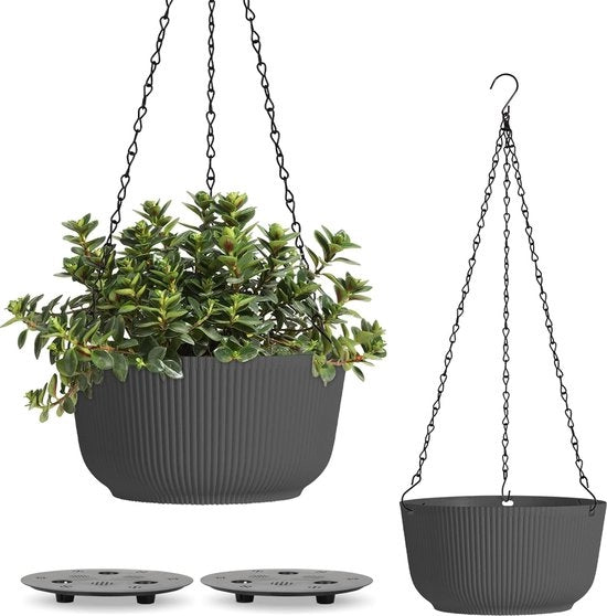 Hangmand in plastica, set da 2, con catenelle, con sistema di irrigazione per giardino, soggiorno, esterno, per appendere vasi per piante, vaso pendente, nero matte, Φ25cm