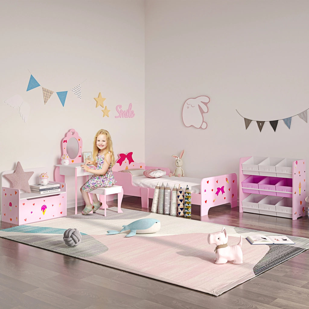 Scaffale Portagiochi per Bambini 63x30x60 cm con 9 Cestini in Tessuto in MDF Rosa e Bianco