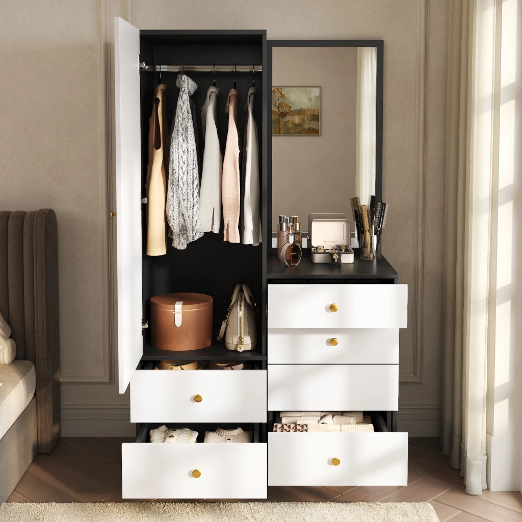 Toeletta con armadio laterale; specchio a figura intera; cassetto compartimentato e sgabello estraibile per camera; 90 × 50;5 × 160 cm
