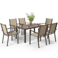 Set da Giardino 7 Pezzi in Plastica con 6 Sedie Impilabili e Tavolo Rettangolare, Kaki e Marrone