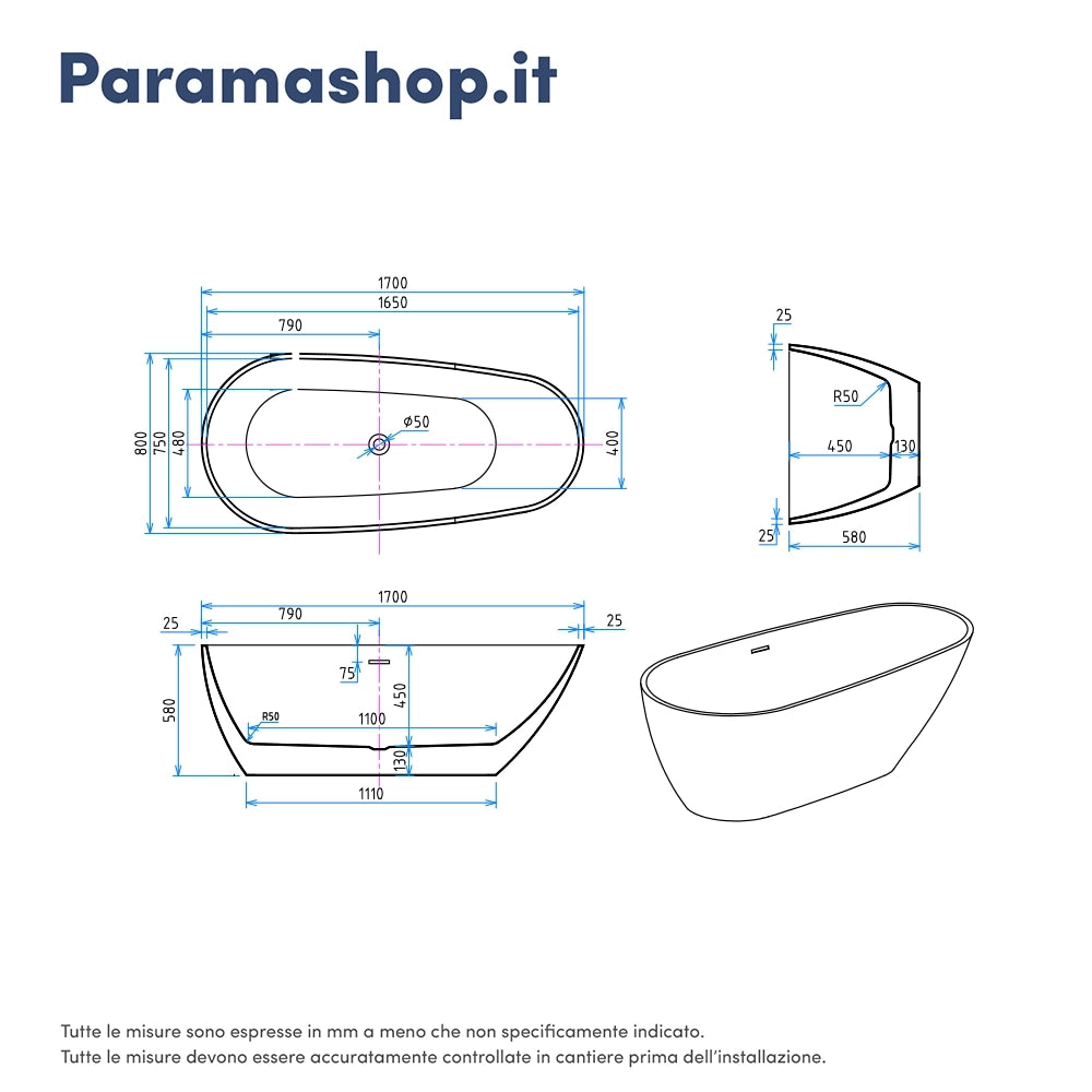 Vasca da bagno freestanding 170cm in acrilico bianco lucido | Era