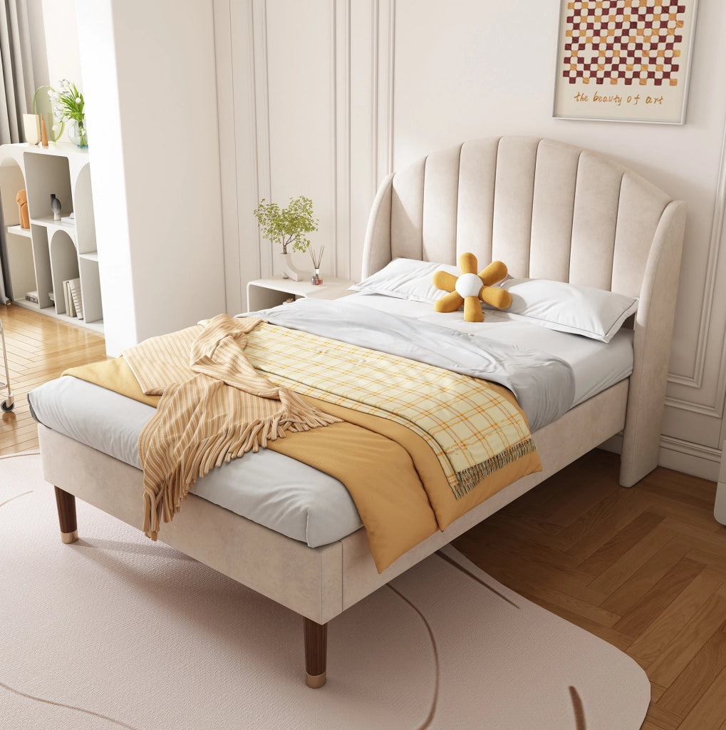 Letto singolo imbottito beige 90x200 cm con rete a doghe