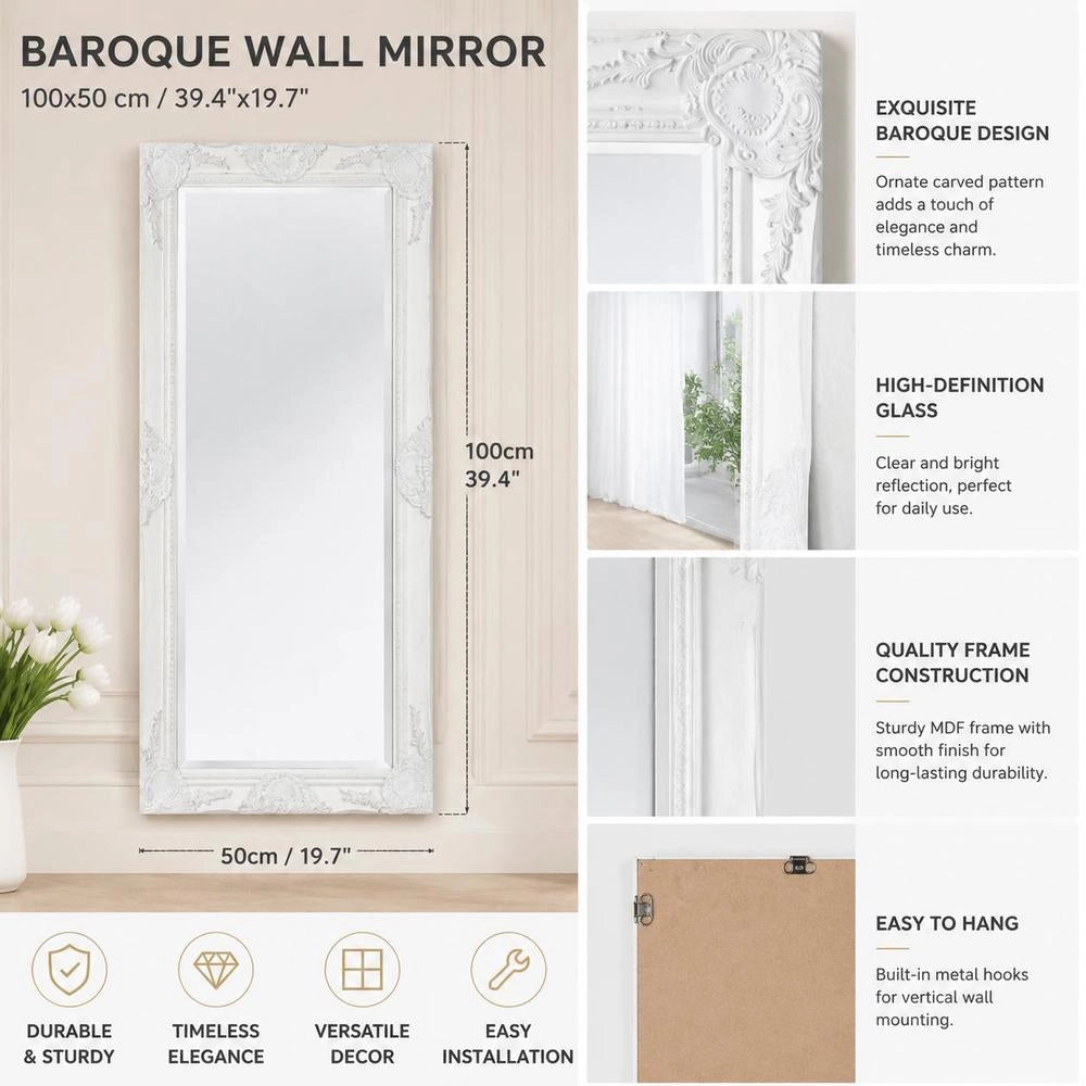 Baroque-style Wall Mirror, 100x50 Cm, White
