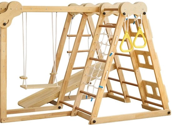 Giocattolo per Interni e Esterni - 7-in-1 - Struttura in Legno Sostenibile - Sicuro e Ripiegabile - Compreso il Carrello a Sospensione