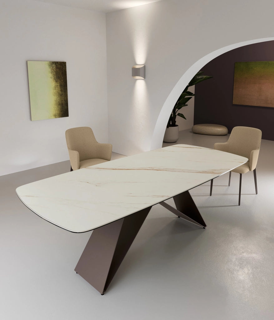 Tavolo Fisso Thanos - 220x110 cm con Top in Ceramica Marmo Calacatta Opaco e Gambe in Metallo Verniciato Bronzo - Design Moderno