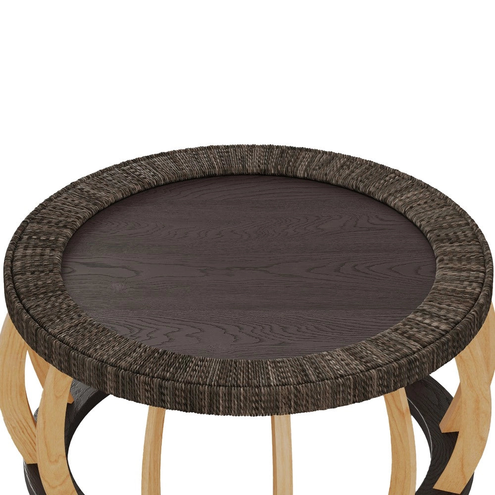 Tavolino da Caff¨¨ Rotondo in Legno Massello e Rattan ¨C MINIMAL ¨C Gambe Curve, Nero Marrone
