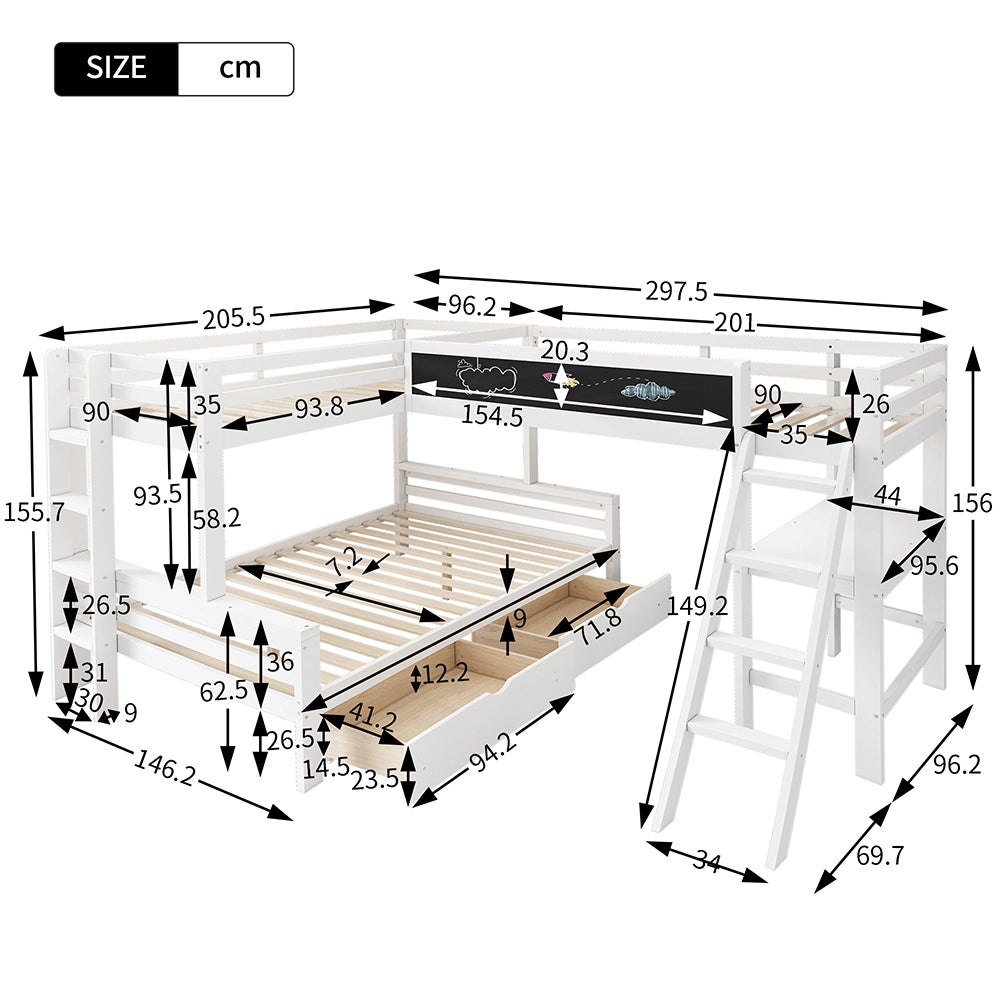 Letto a castello 140x200 e 90x200 - Xylo - 3 posti, cassetti, scrivania, scaffale, bianco