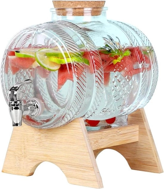 Dispensatore di Bevande in Vetro con Rubinetto e Base in Legno - Decantatore da 1/3 Litro - Dispensatore di Acqua per Vino Whisky - Brandy Succo Limonata