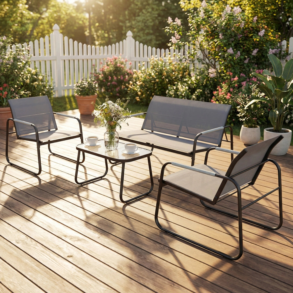 Set Giardino Divano Tavolo Sedie 4 Pezzi Polyrattan ¨C Zephmum ¨C Grigio 100x80x70