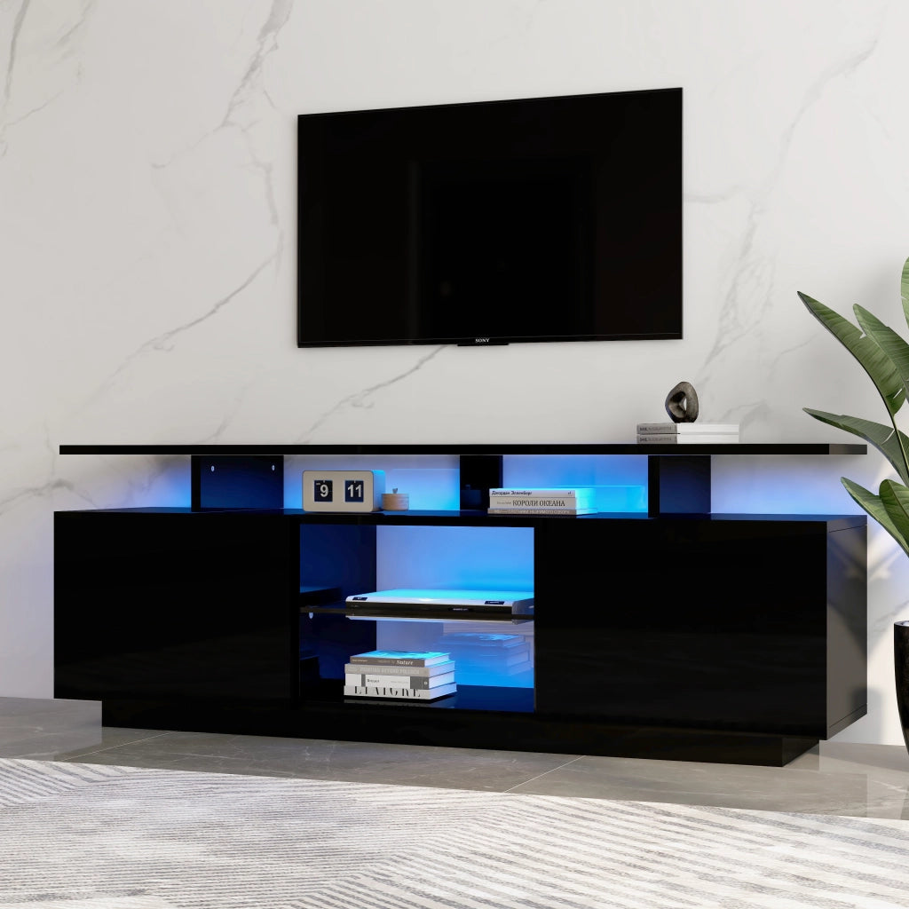Mobile TV nero da 140 cm con illuminazione LED a 16 colori, 5 vani aperti e 2 ante lucide