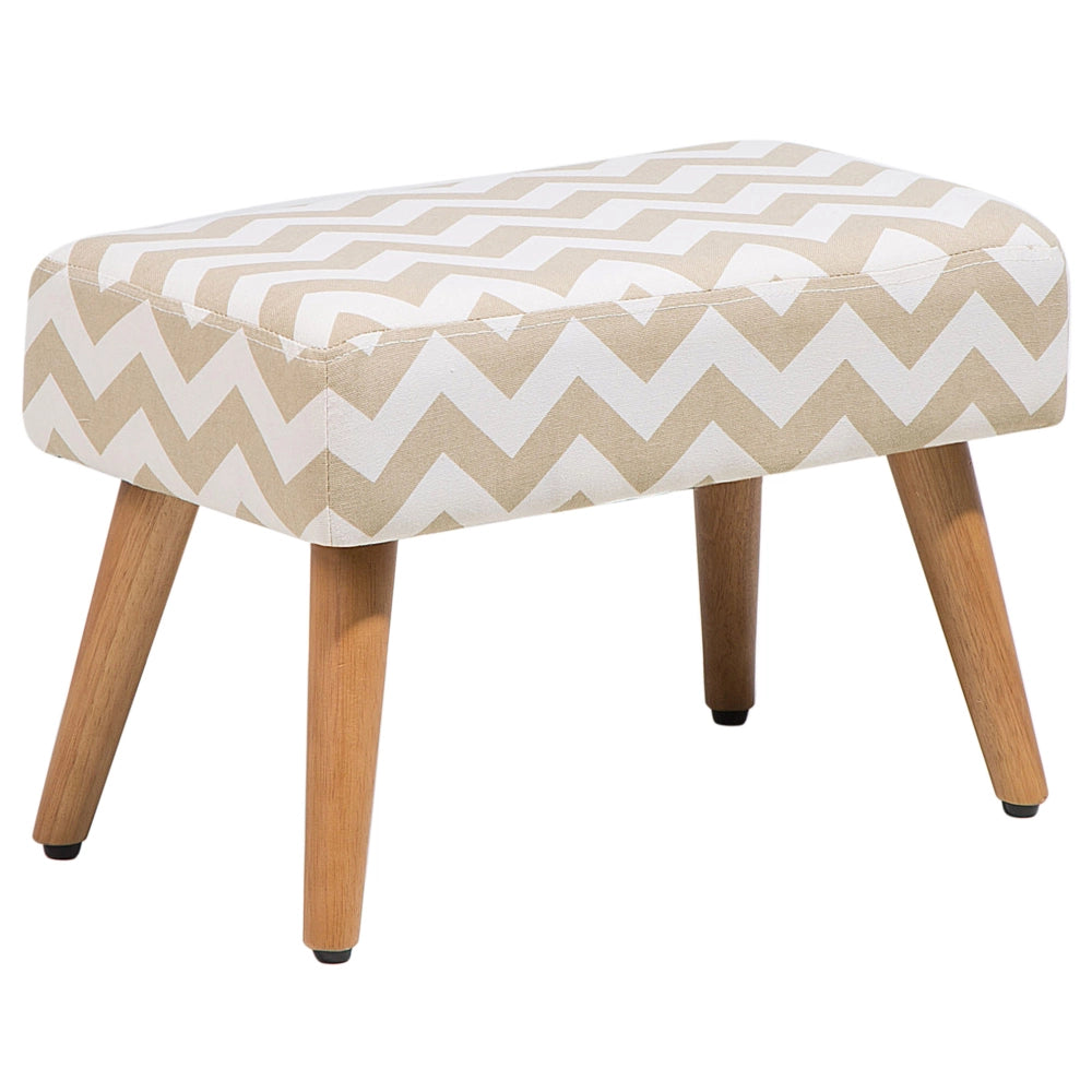 Poggiapiedi in Cotone Bianco e Beige a Zig Zag con Gambe in Legno