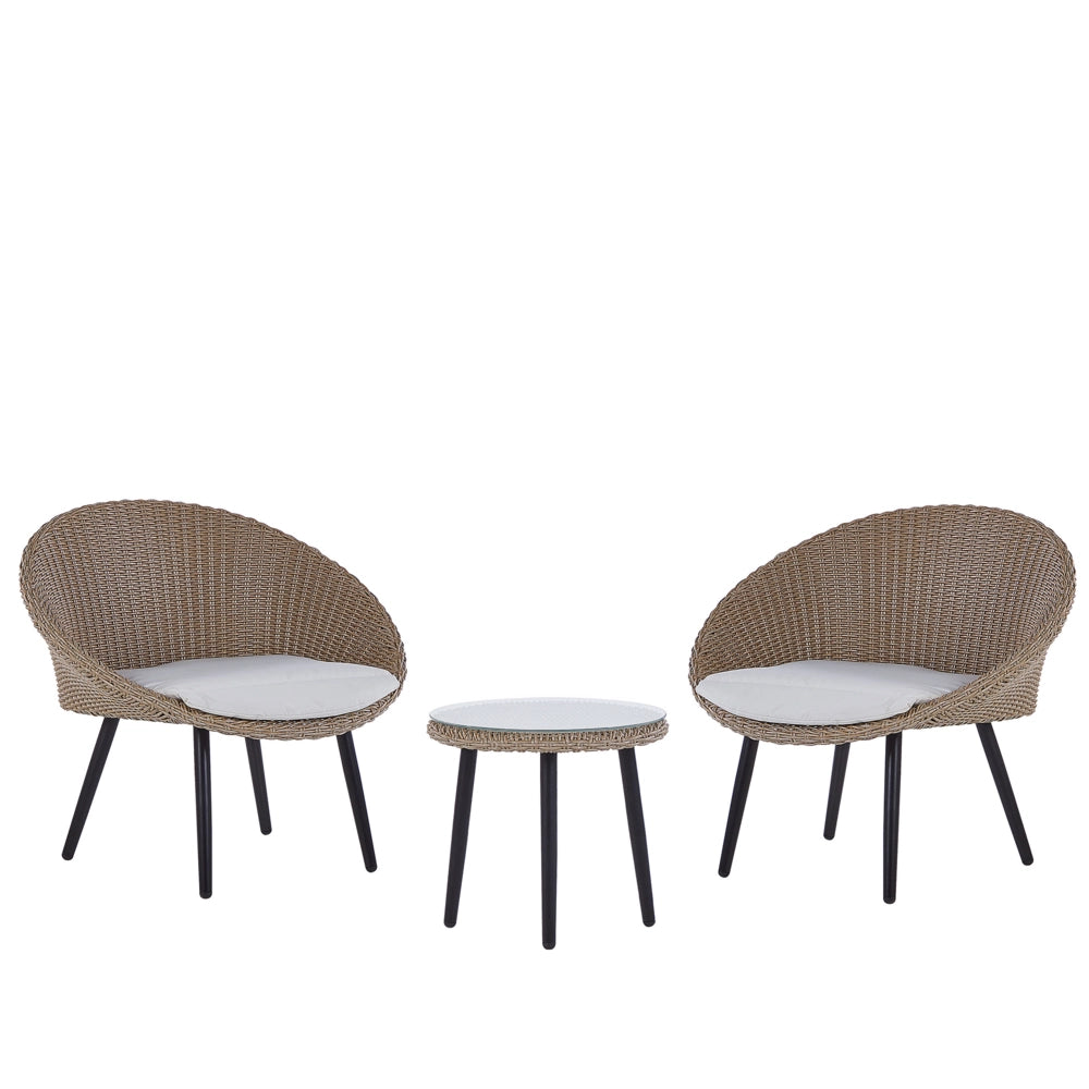 Set da bistrot da balcone con cuscini in vimini PE beige, tavolino e 2 sedie dal design moderno per esterni