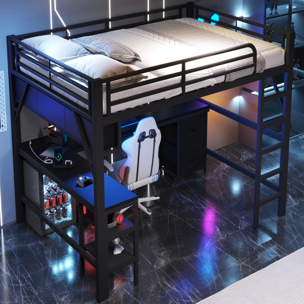 LETTO A SOPPALCO 140x200 cm Nero in metallo e MDF con scrivania e libreria
