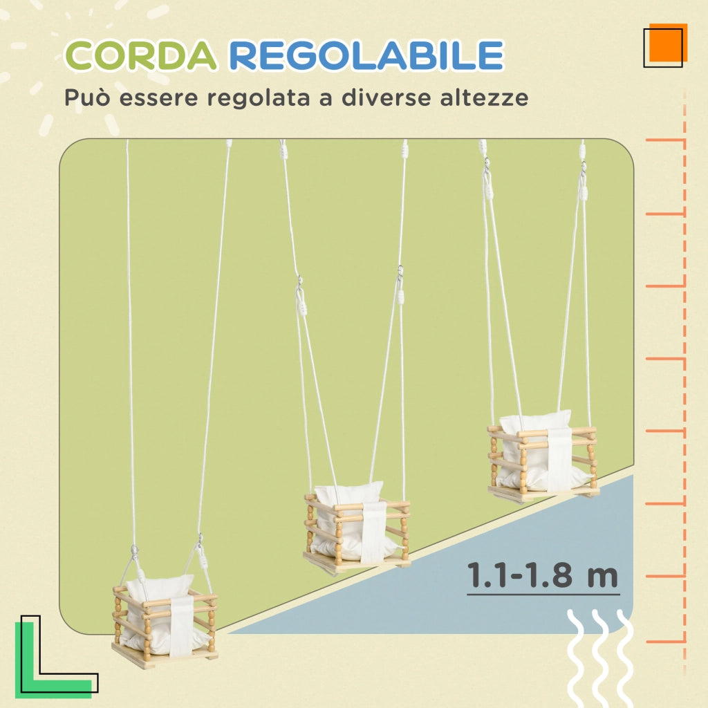 EasyComfort Altalena per Bambini 9-36 Mesi in Legno e Cotone con Corda Regolabile e Cuscino, 30x30x110-180 cm