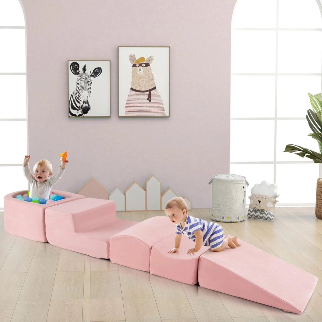 Set di 5 Pezzi Gioco in Schiuma, Blocchi con Piscina di Palline per Bambini, Coperture Lavabili con Cerniere, Blocchi Creativi per Stanza di Giocattoli, Camera da Letto (Rosa)