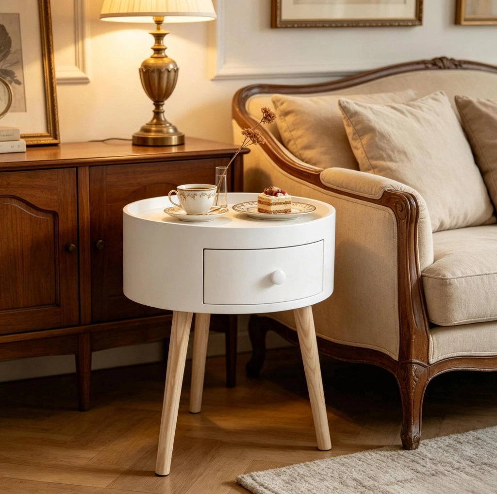 Comodino con cassetto in MDF e legno massello, bianco e legno, 38x38x45 cm