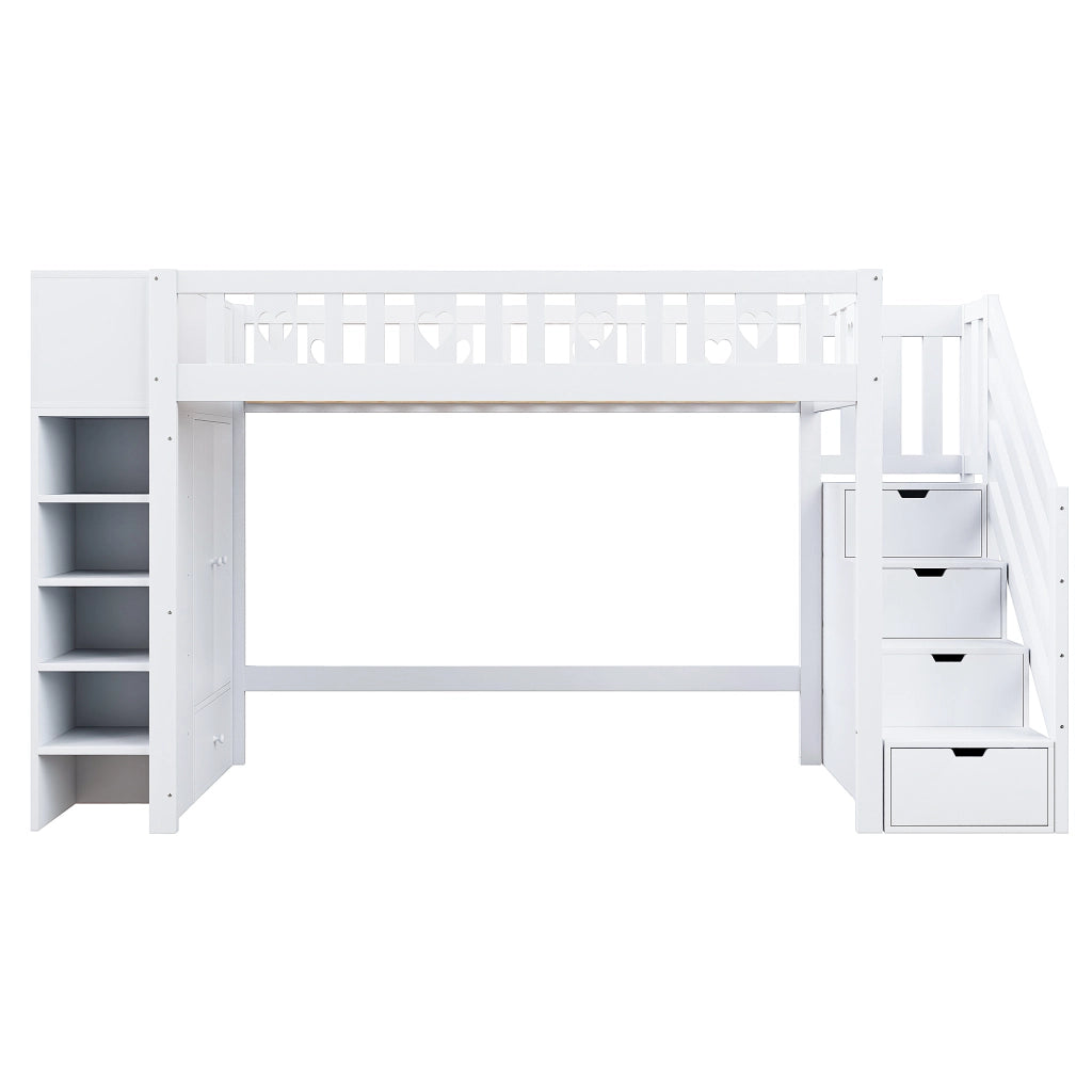 Letto a Soppalco Singolo con Scala Contenitore; Scaffali e Armadio Ribaltabile 90×200 cm; senza Materasso
