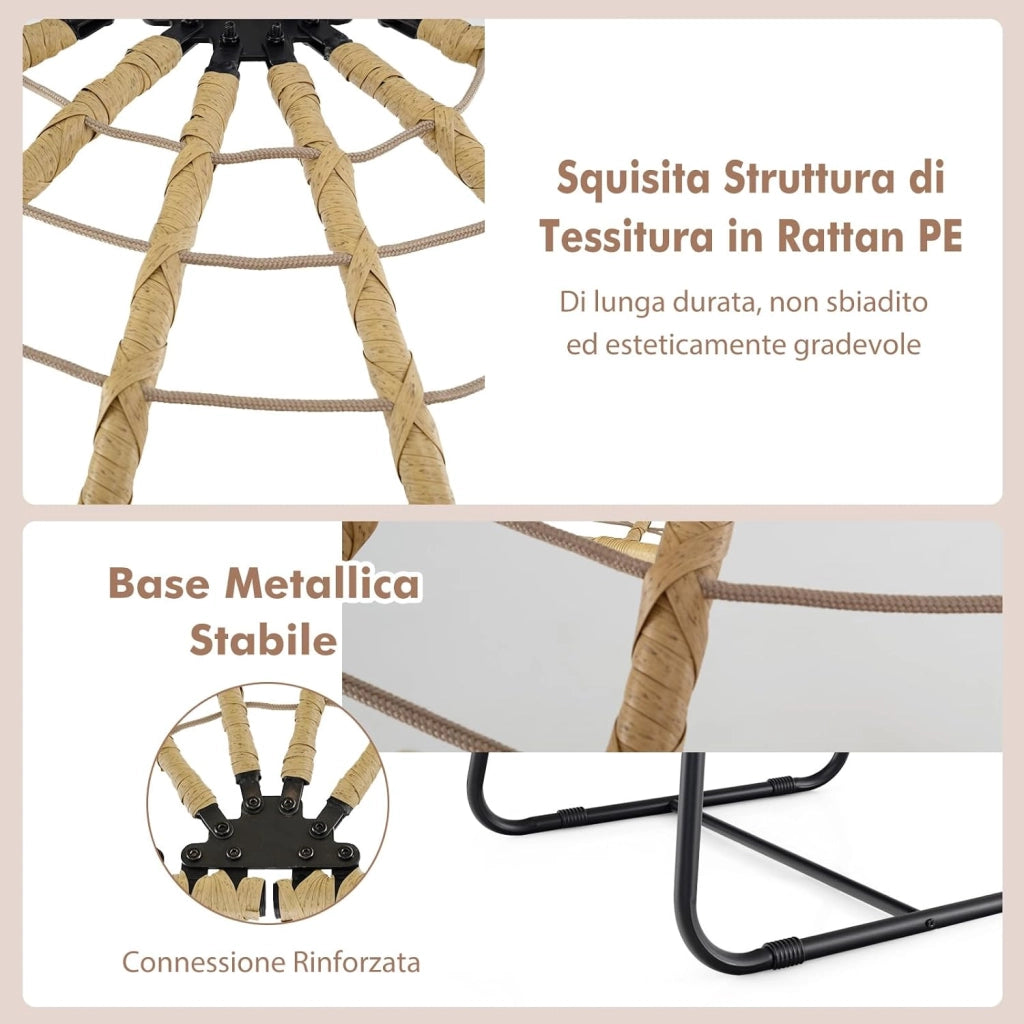 Poltrona in Rattan da Giardino, Sedia a Nido con Cuscino Rimovibile, Supporto in Metallo, Sedia a Uovo da Interni ed Esterni, Portata 150 kg, 100 x 76 x 145 cm (Beige)