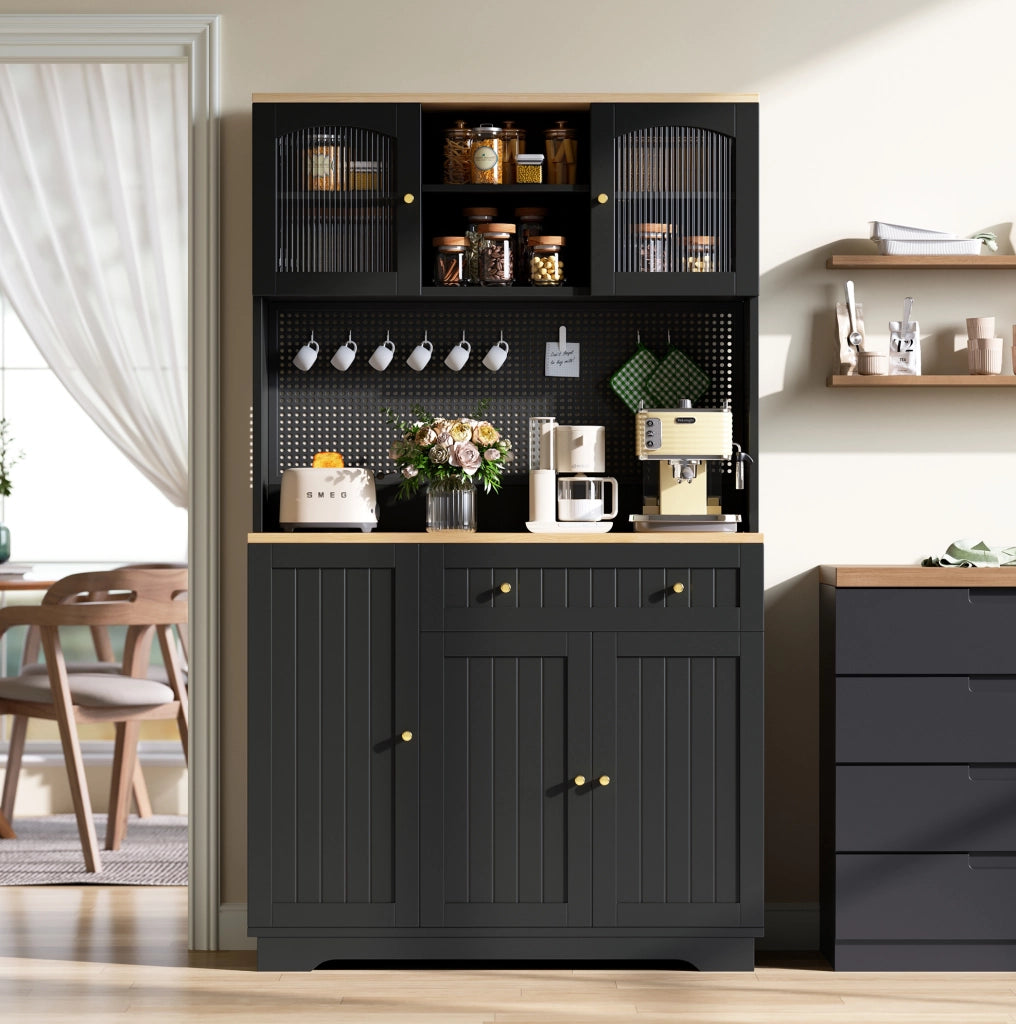 Credenza alta da cucina con vetrina, cassetto e pannello forato 103,5x40x180 cm nera HAVRYA