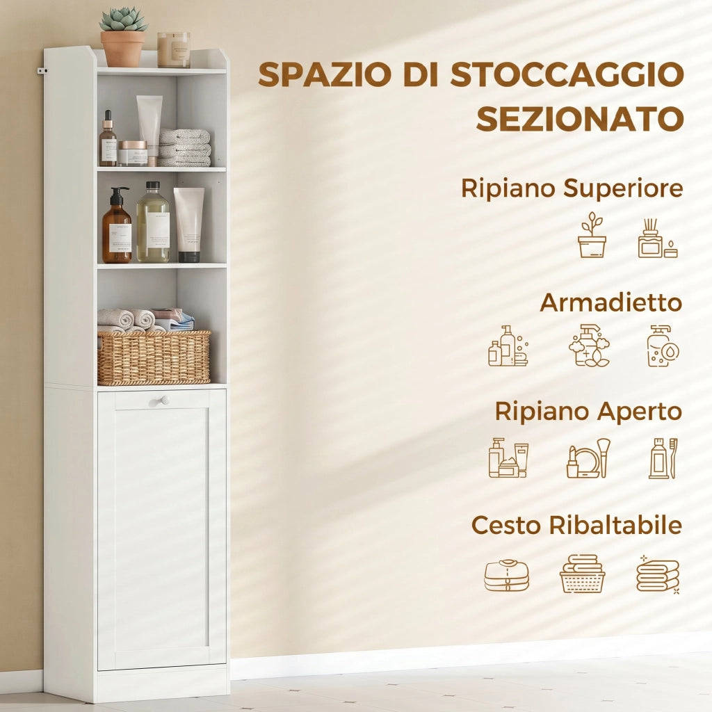 Mobile Bagno Alto con Cesto a Ribalta e Mensole, 40x30x170 cm, Bianco