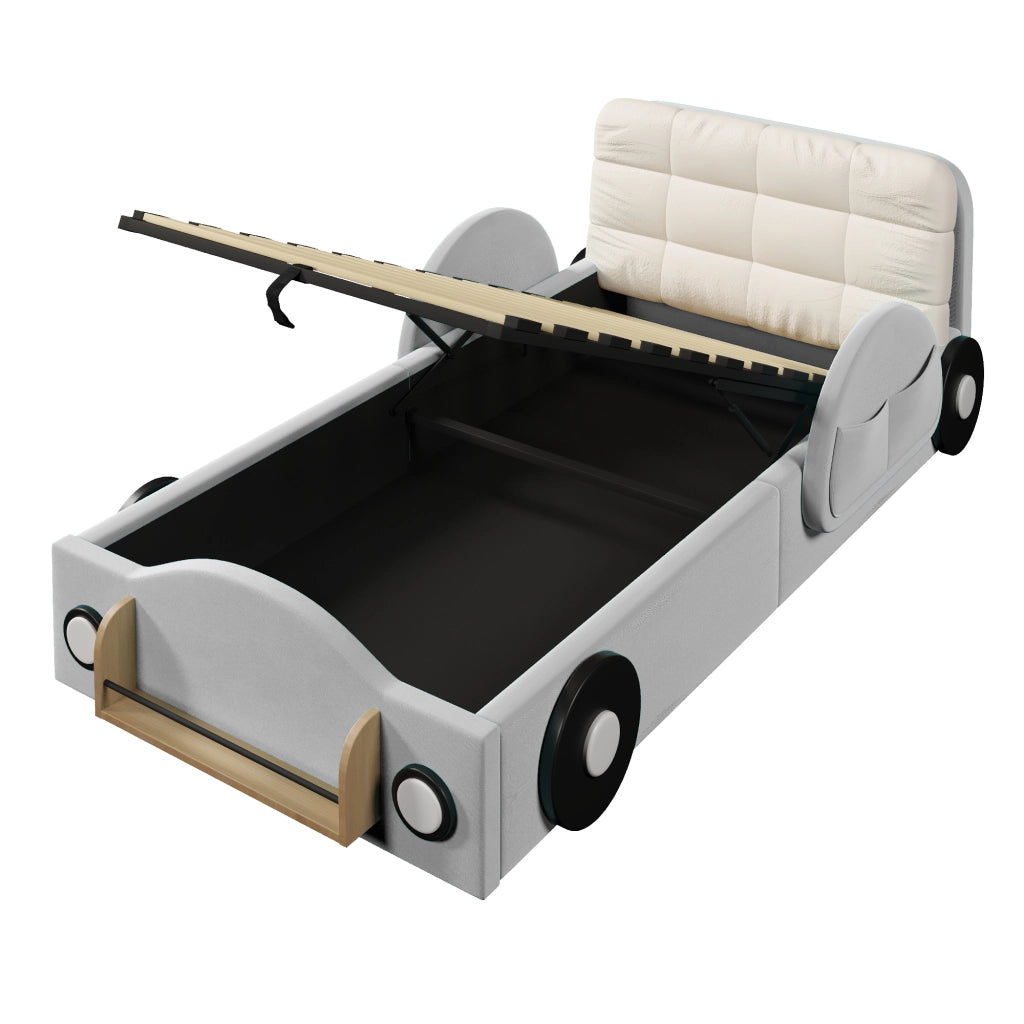 Letto Contenitore 90x200 cm; Letto Singolo con Tasche laterali e Libreria; Flanella Grigio