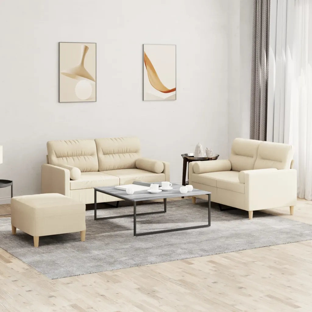 Set Divani 3 pz con Cuscini Crema in Tessuto