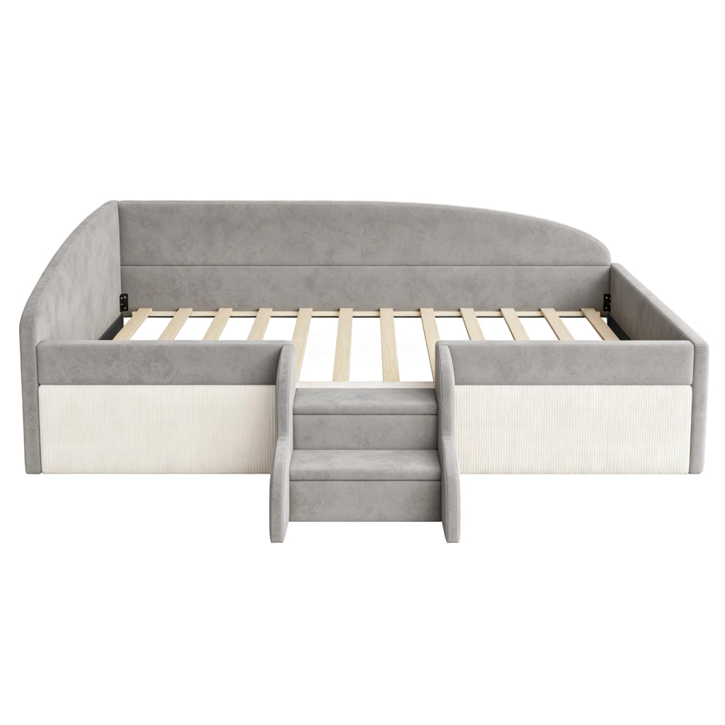 Letto imbottito per bambini con gradini e recinzioni, 90x190 cm, grigio
