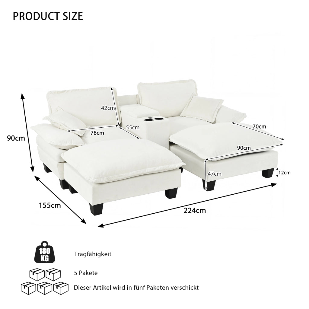 Divano modulare con portabicchieri, vano contenitore e porte USB in chenille beige 224 × 151 × 90 cm