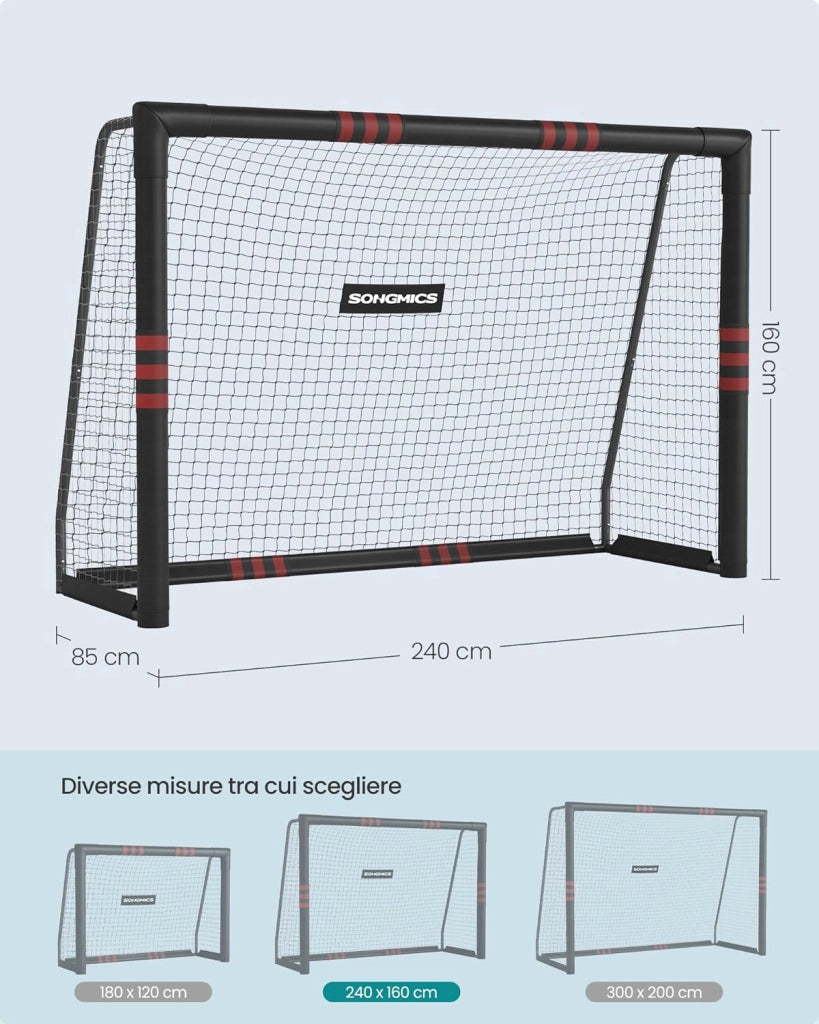 SONGMICS Porta da Calcio, per Tutte le Età, in Acciaio, Rete in PE, per Esterni, Giardino, Spiaggia, 85 x 240 x 160 cm, Rivestita in Gommapiuma, Nero SZQ240RZ02