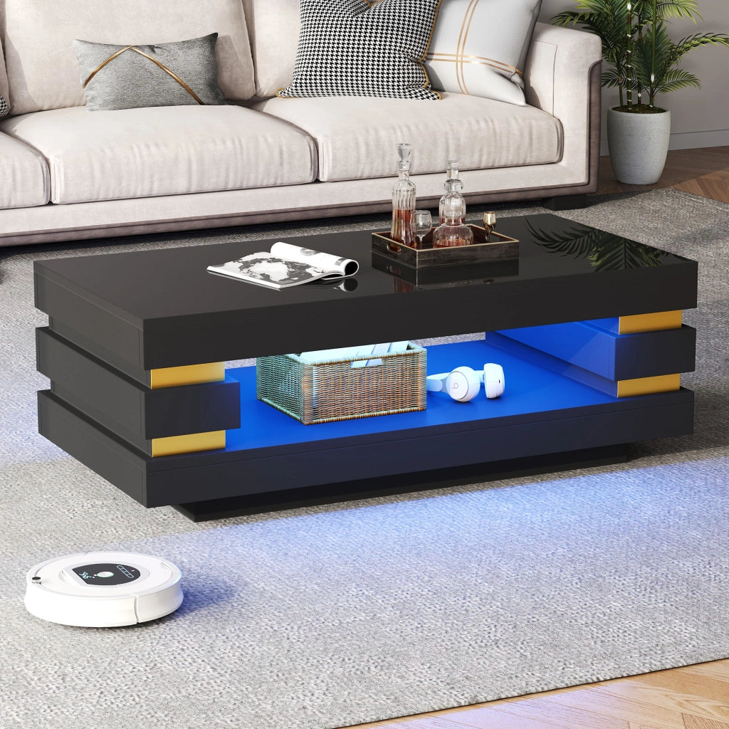 Tavolino lucido, 100 x 50 x 35 cm, design traforato, luci a LED, pannello truciolare, nero