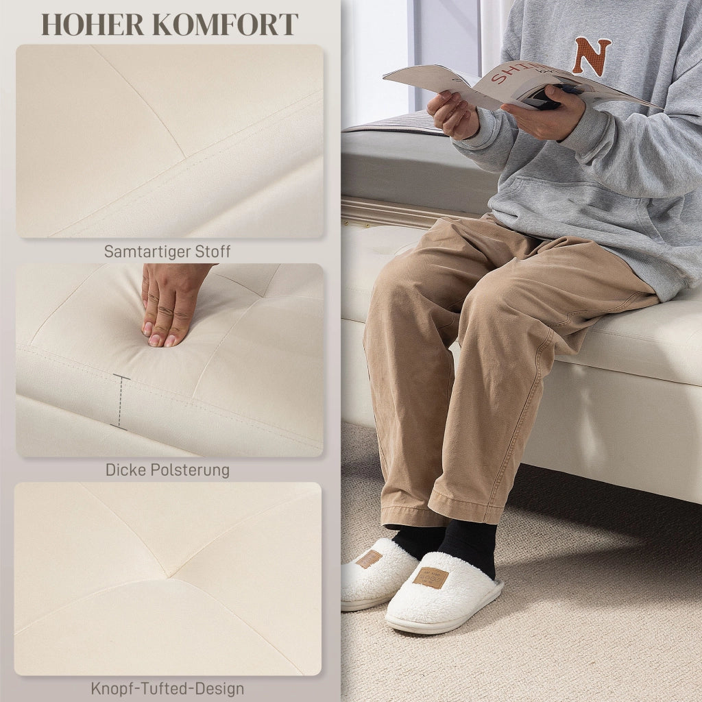 Panca contenitore imbottita con vano nascosto e gambe in metallo dorato, in poliestere beige 120 × 44 × 44,5 cm