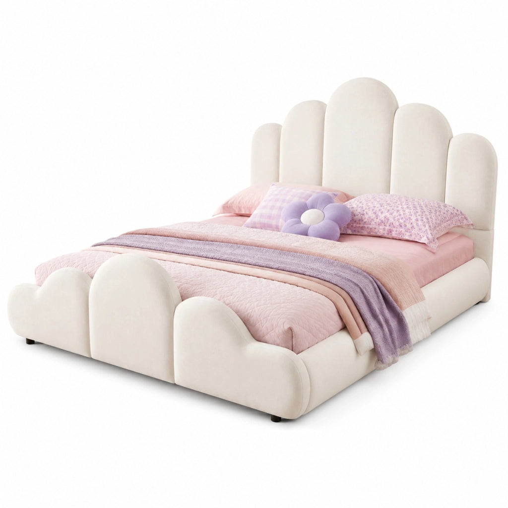 Letto imbottito 140 x 200 cm in velluto beige con testiera imbottita e struttura a nuvola