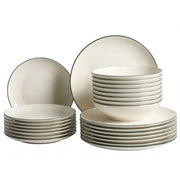 Set di 24 pezzi di stoviglie con bordi decorativi bianco sporco e verde, in porcellana con finitura smaltata trasparente, per cucina e sala da pranzo
