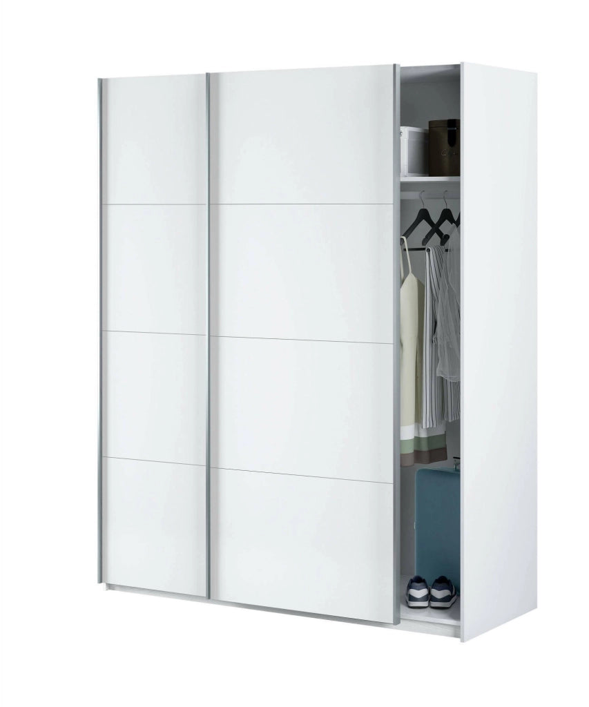 Guardaroba Opi, Armadio per camera da letto a 2 ante scorrevoli, Mobile con barra appendiabiti e 2 ripiani, cm 150x60h200, Bianco