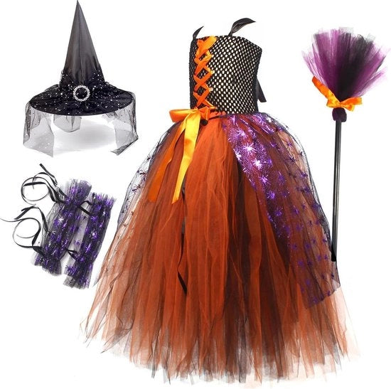 Costume da Strega per Ragazze - Set di Tutù per Halloween con Cappello e Scopa.
